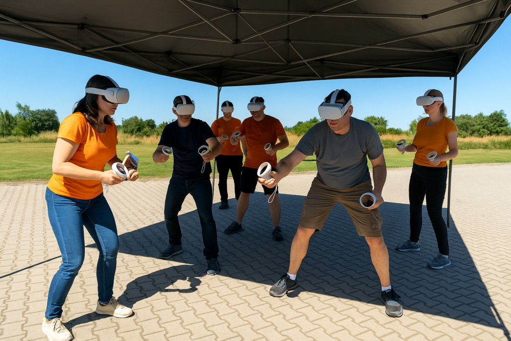 Uczestnicy szkolenia VR grający w wirtualnej rzeczywistości podczas wirtualna rzeczywistość Safety Day, pod namiotem w pełnym słońcu.