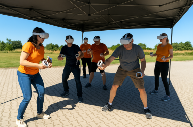 Szkolenie VR podczas wirtualna rzeczywistość Safety Day pod namiotem w pełnym słońcu Uczestnicy szkolenia VR grający w wirtualnej rzeczywistości podczas wirtualna rzeczywistość Safety Day, pod namiotem w pełnym słońcu.